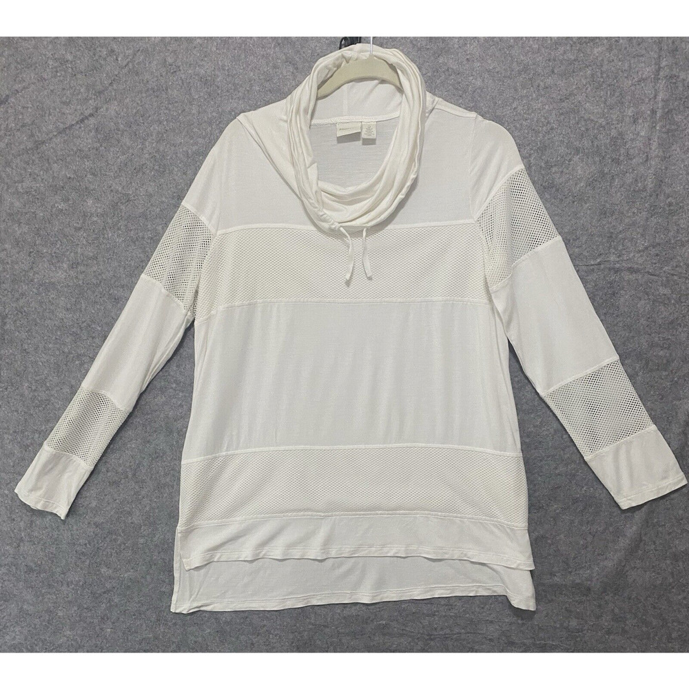 Chicos Zenergy Tunic Top Womens Sz 2 US‎ L Cream White Mesh Insert Cowl Neck